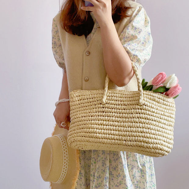 Summer Straw Woven Vegetable Basket Tote White
