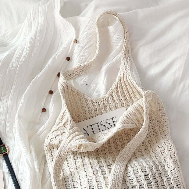 Solid Knitted Shoulder Market Crochet Tote Bag White