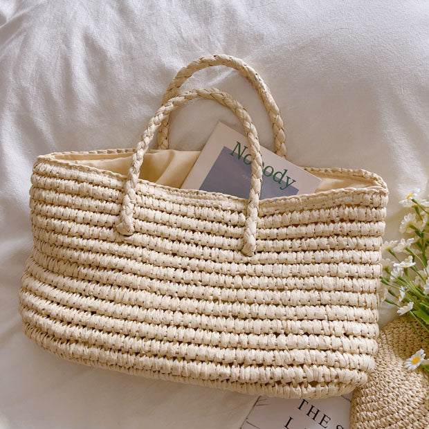 Summer Straw Woven Vegetable Basket Tote White