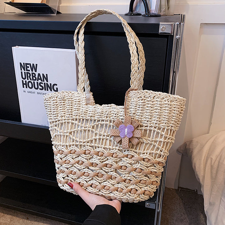 White Woven Straw Tote Bag with Flower Decoration