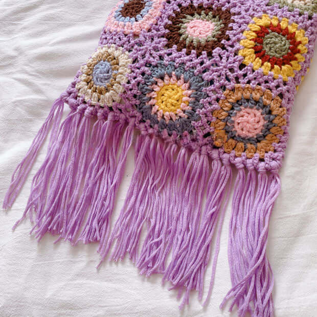 Cute Fringe Crochet Sunflower Crossbody Bag Purple