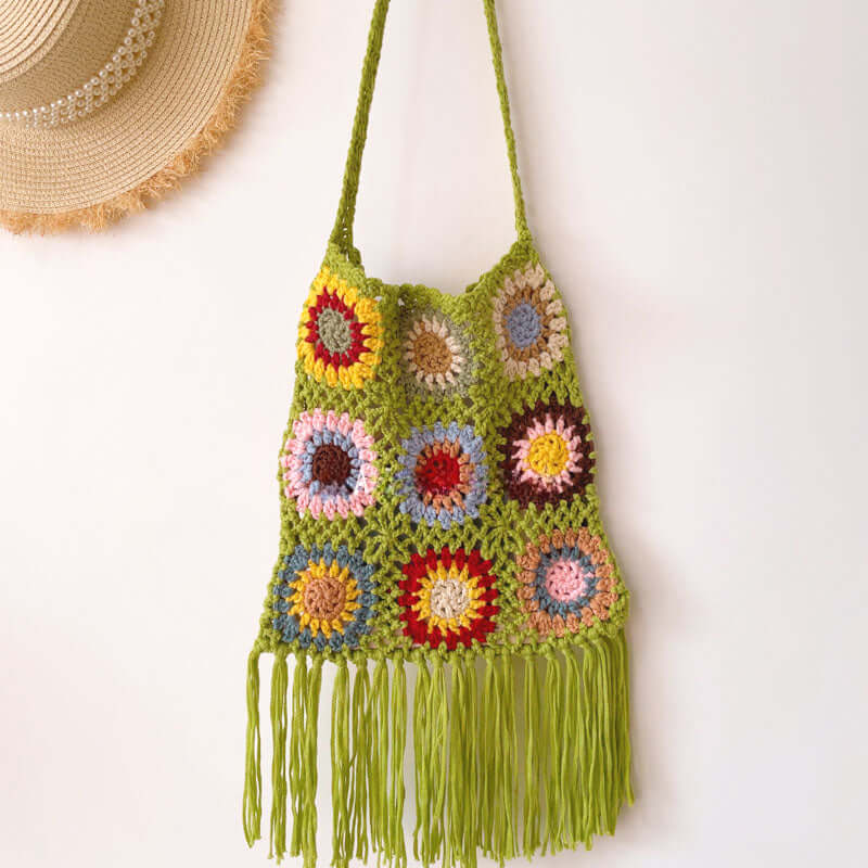 Granny Square Fringe Crochet Crossbody Bag Green