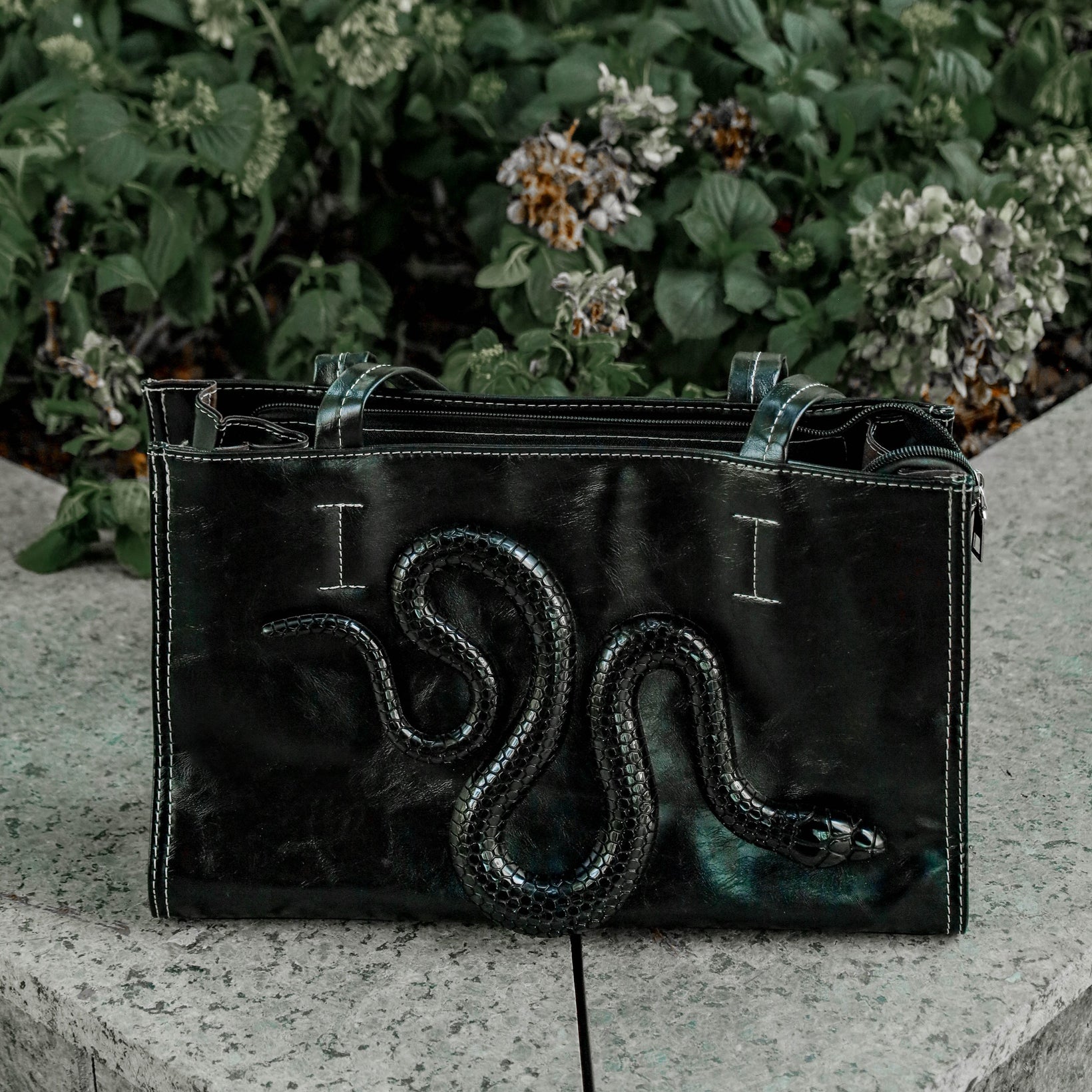 Black Soft Leather Snake Tote Bag