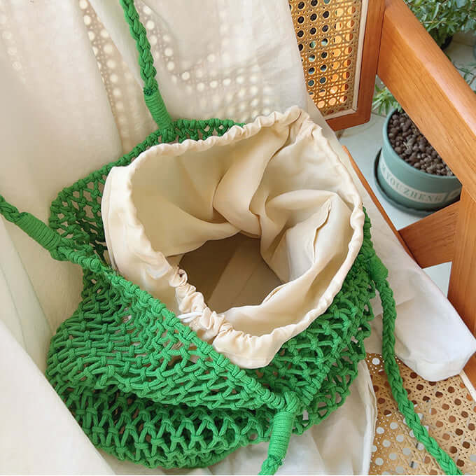 Mesh Solid Crochet Beach Tote with Inner Pocket