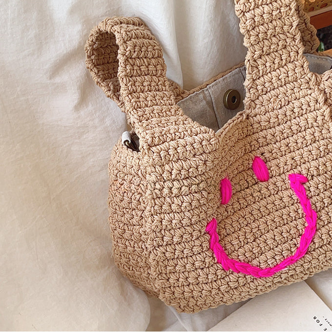 Cute Smiling Face Snap Knitted Handbag White
