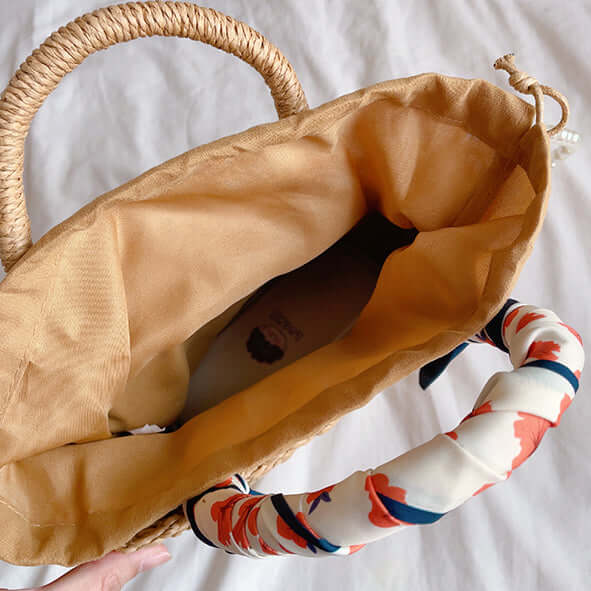 Brown Pearl Chain Woven Straw Handbags