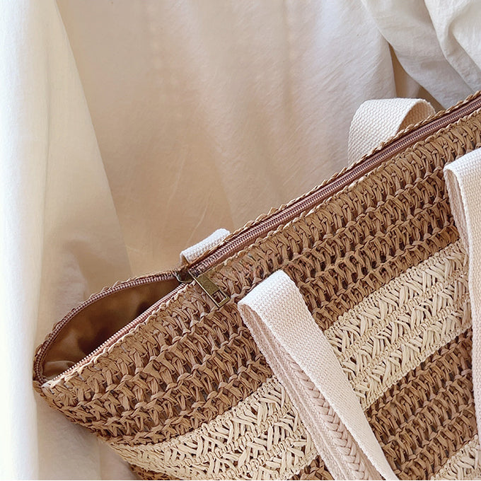 Striped Woven Large Straw Tote Bag