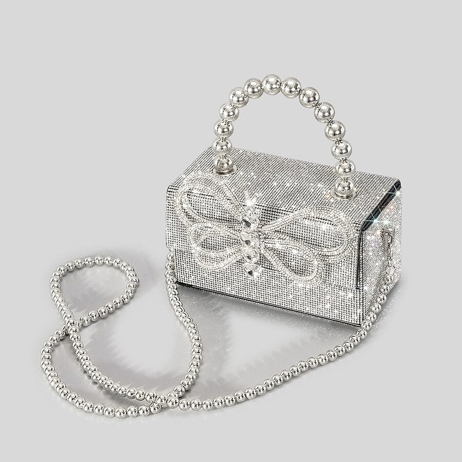 Diamond Evening Lunch Box purse | Rhinestone Beading Silver Handbags for Girl