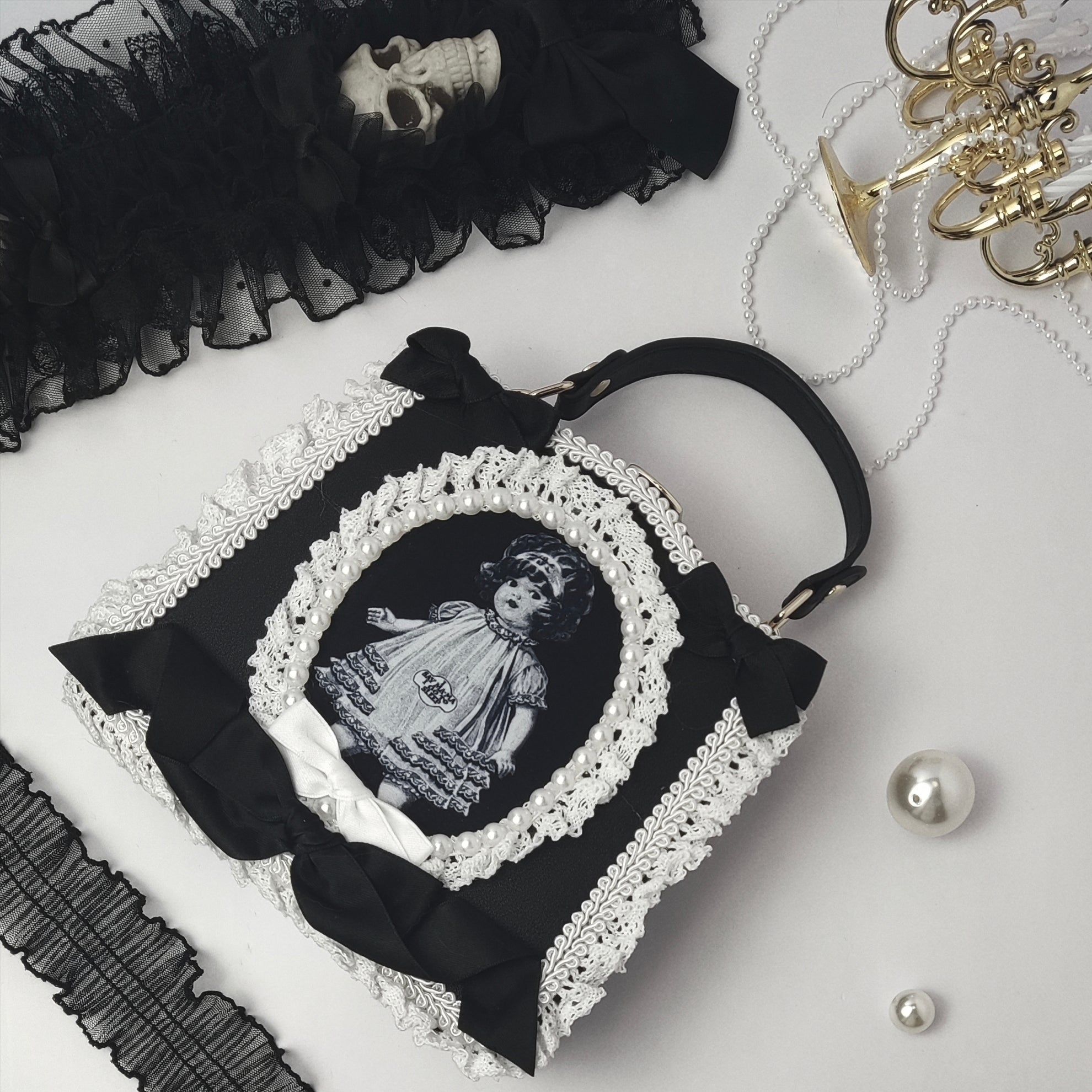 Handmade Lolita Gothic Black and White Doll Handbag