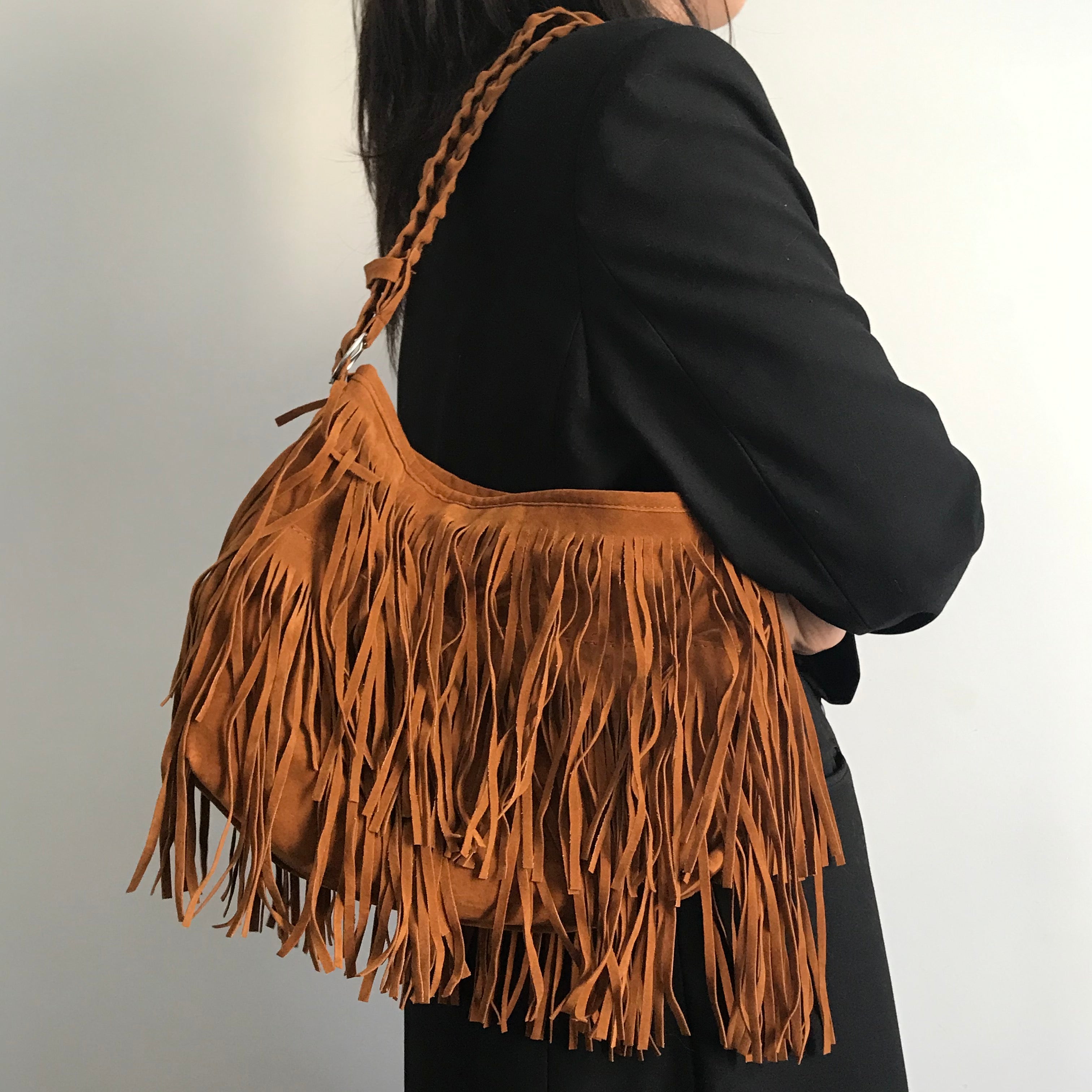 American Vintage Woven Fringed Suede Purse