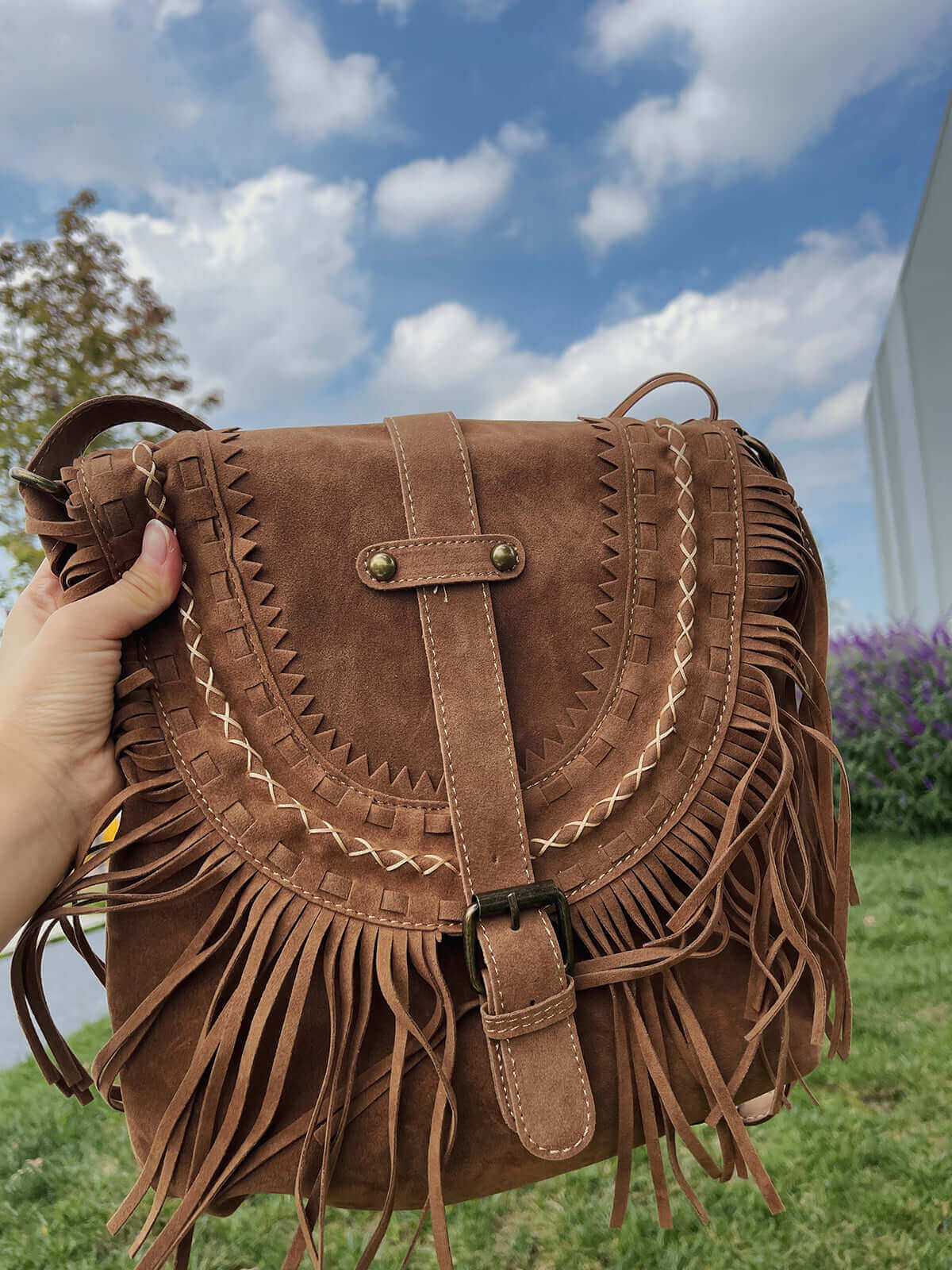 Frosted Fringed Large Suede Crossbody Purse Brown