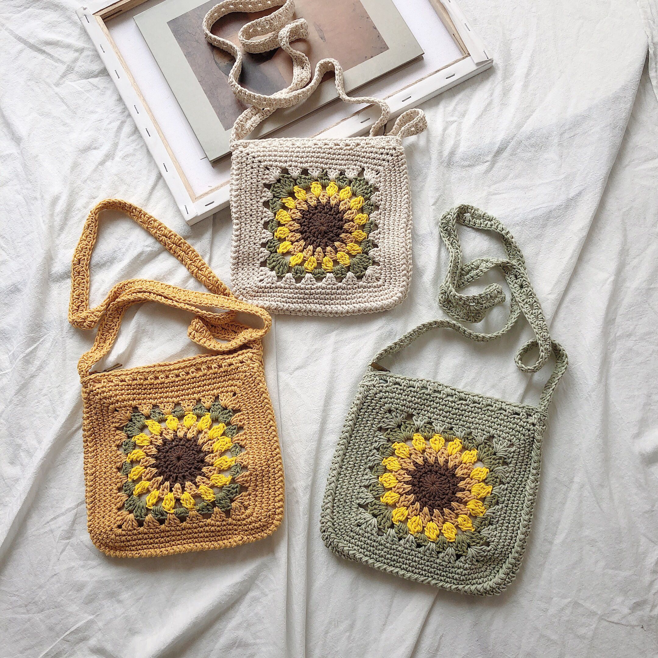 Sunflower Cotton Small Crossbody Bag White