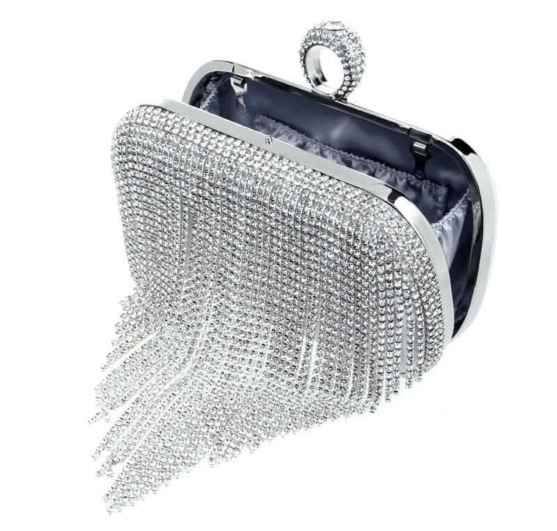 Shiny Diamonds Fringe Metal Clutch with Finger Rings