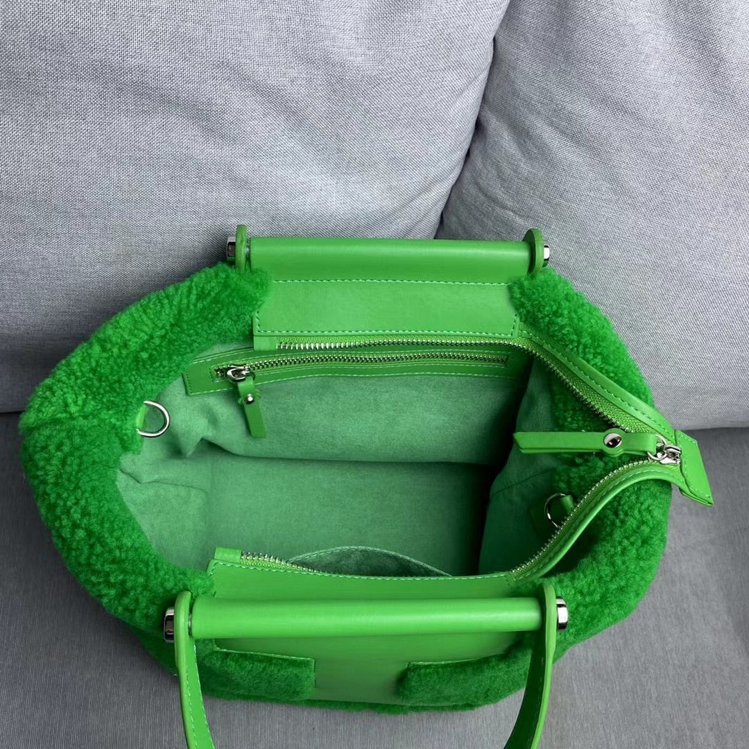 Green Genuine Sheepskin Handbag Square Commuter Tote