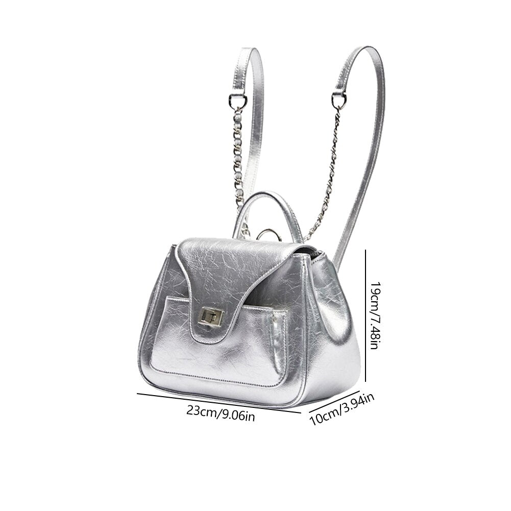 Cute Silver Small Knapsack Backpacks with Thin Chain