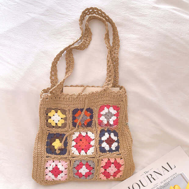 Pattern Flower Granny Square Crochet Bag in Brown