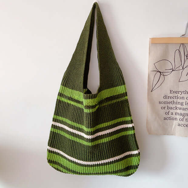 Green Striped Knitting Crochet Tote with Inner Bag