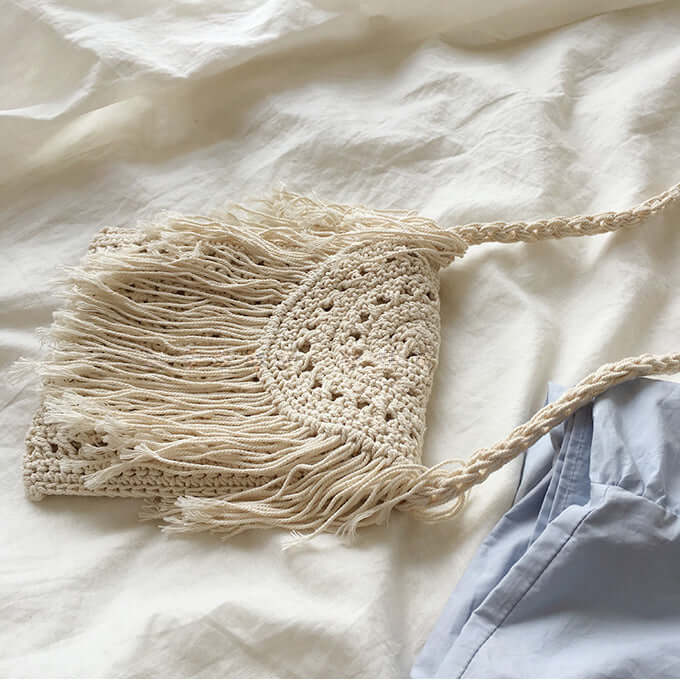 Mini Fringed Knit Crochet Crossbody Bag in Brown