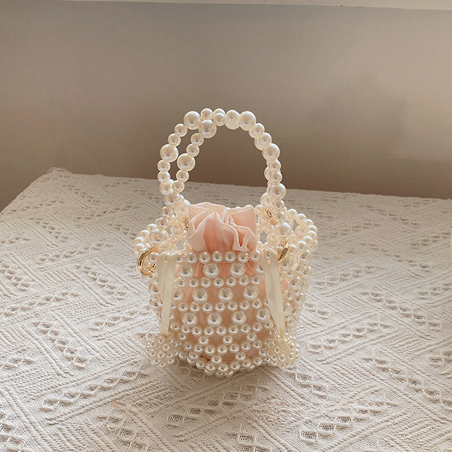 Handmade Woven Pearl Beaded Bucket Handbag