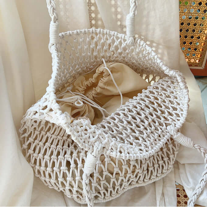 Mesh Solid Crochet Beach Tote with Inner Pocket