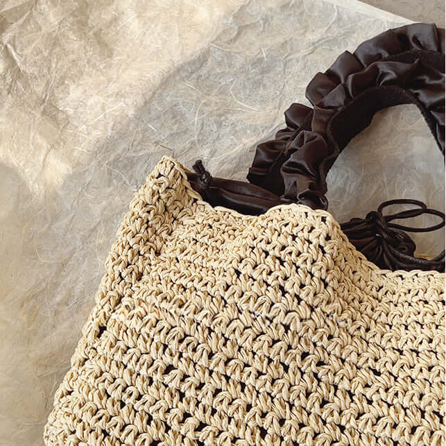 Designer Pleated Drawstring Straw Tote Bag