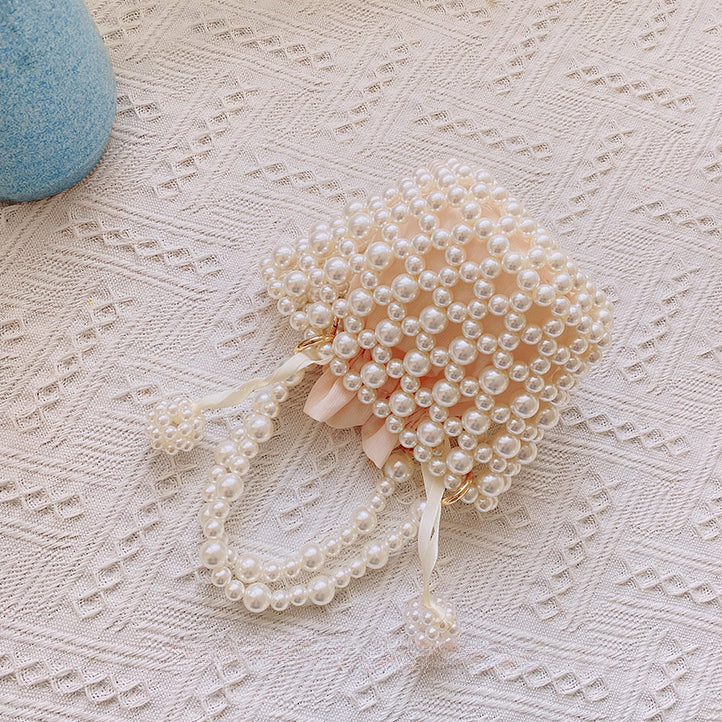Handmade Woven Pearl Beaded Bucket Handbag
