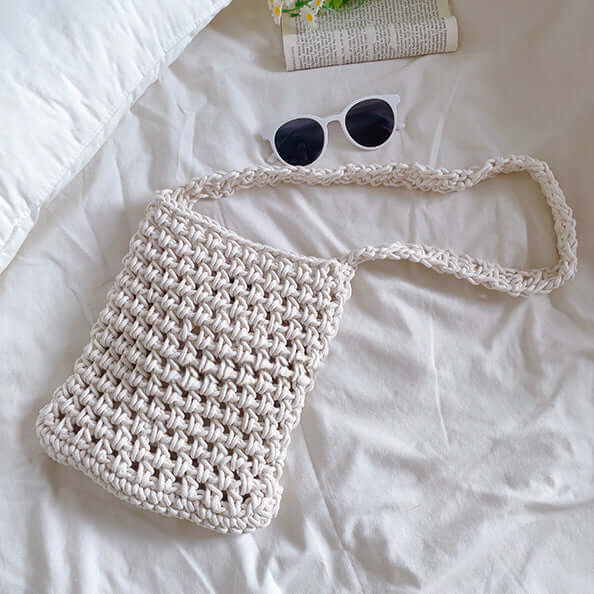 Solid Crochet Bucket Shopper Bag in White
