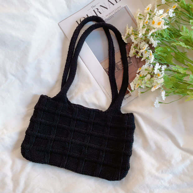 Black Winter Knit Armpit Crochet Checked Shoulder Bag