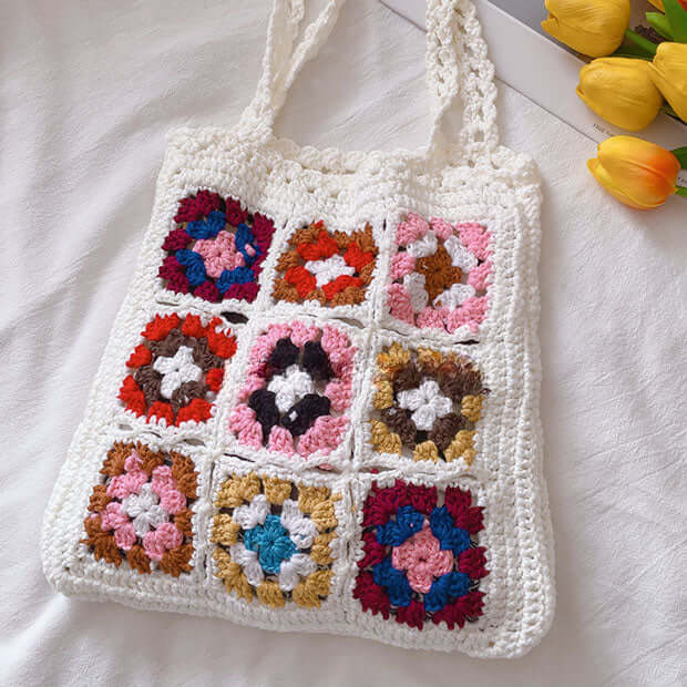 Designer Flower Crochet Pattern Granny Square Tote White