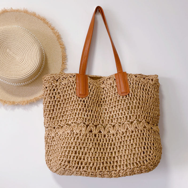 Summer Commuting Straw Tote Bag with Leather Handles