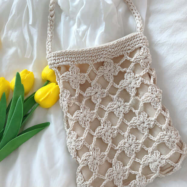 Cute Small Zipper Crochet Crossbody Bag White