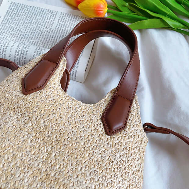 Designer Bucket Straw Bag with Leather Handles