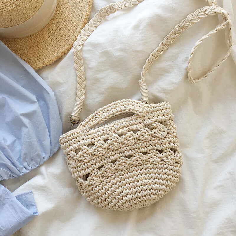 Small Crochet Beach Bucket Crossbody Bag in White