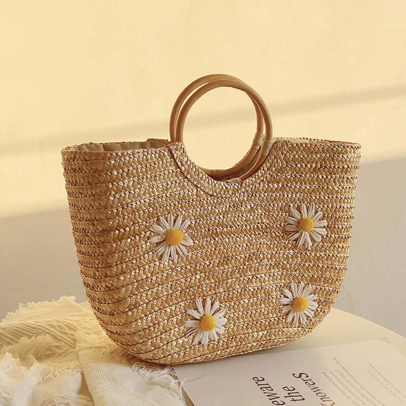 Daisy Straw Basket Bag with Wood Circular Handles