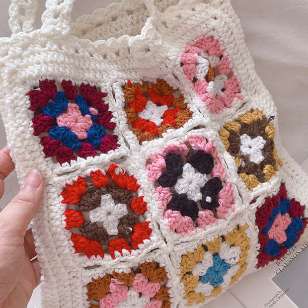 Designer Flower Crochet Pattern Granny Square Tote White