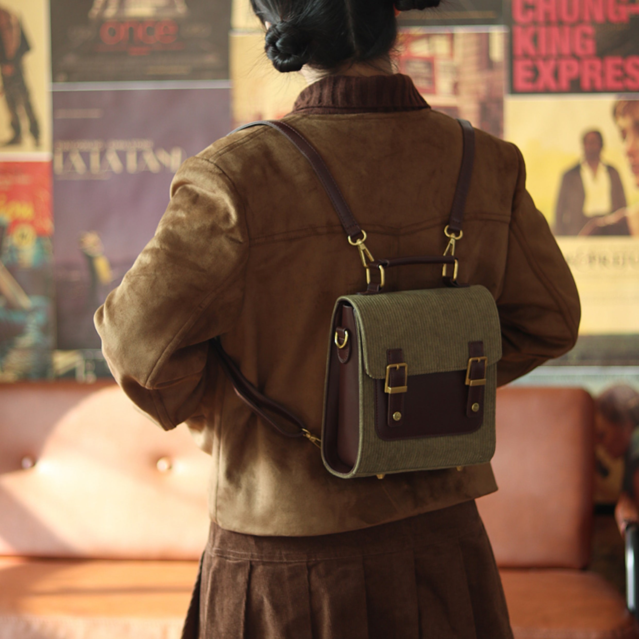Green Corduroy Flap Mini Backpack with Leather Strap