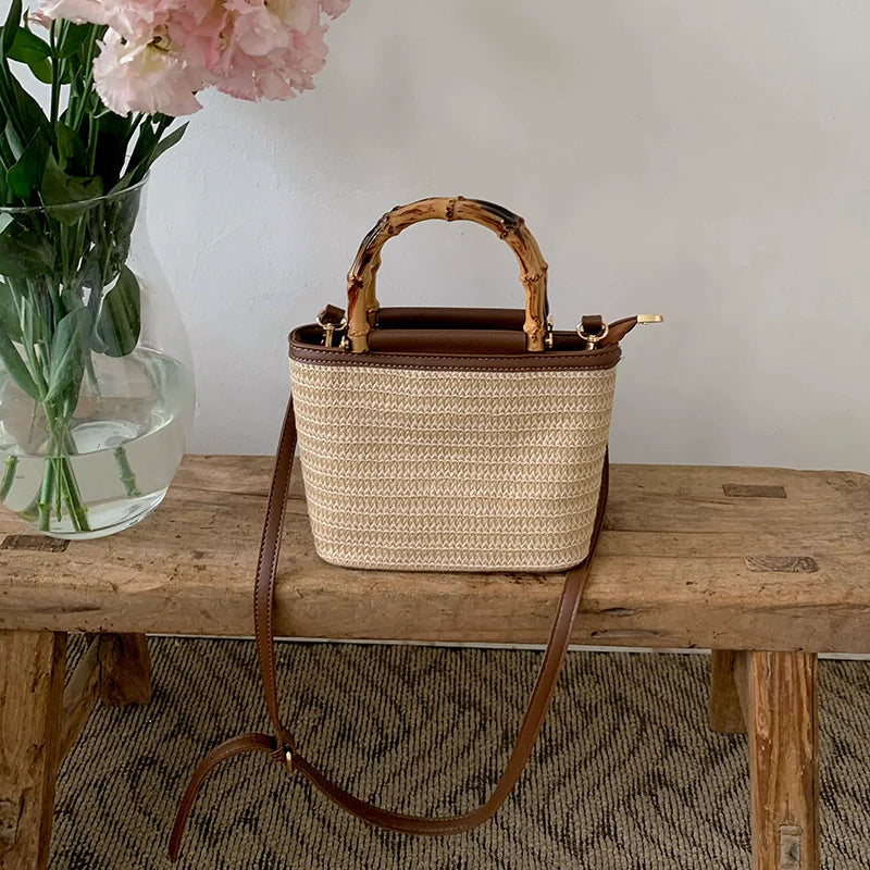 Straw Basket Handbag with Bamboo Handle