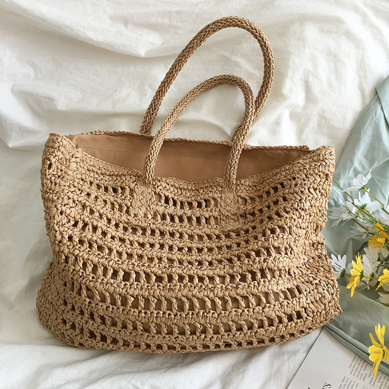 Brown Large Zippered Woven Beach Tote