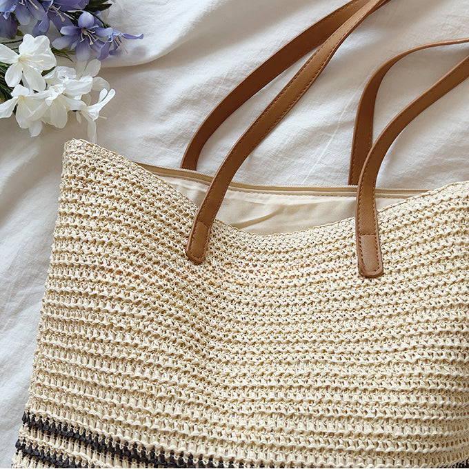 Striped Beach Woven Shoulder Bag with Leather Strap