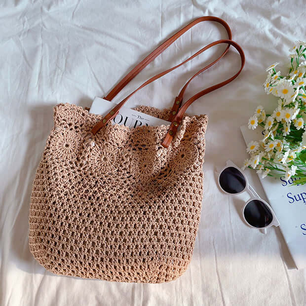 Portable Crochet Woven Bucket Shoulder Bag Khaki