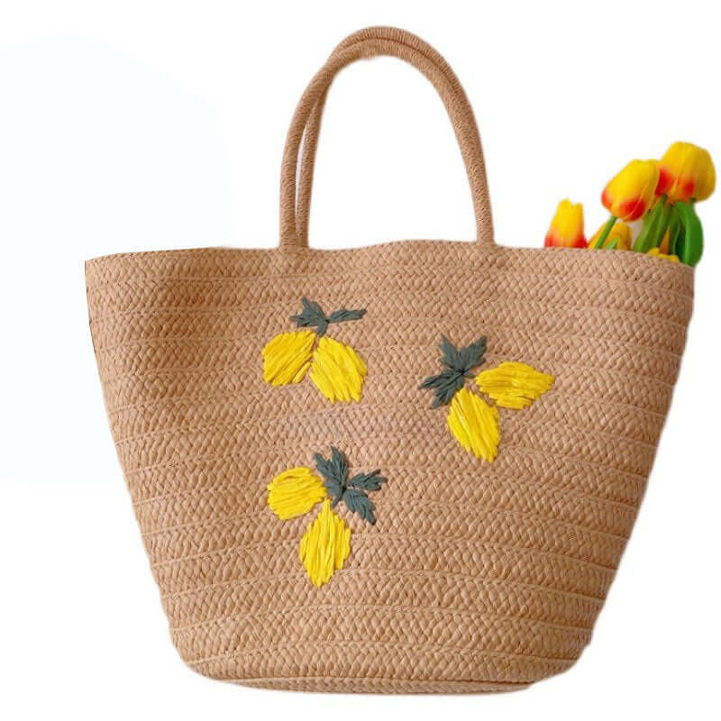 Lemon Embroidered Woven Straw Tote Bag