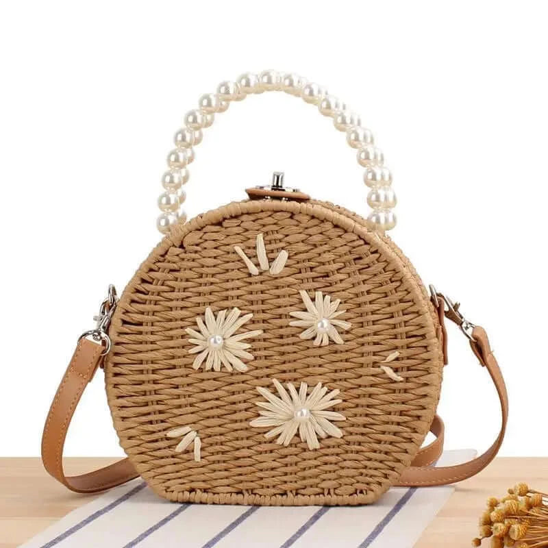 Flower Embroidery Straw Woven Handbags Box Shoulder Bags