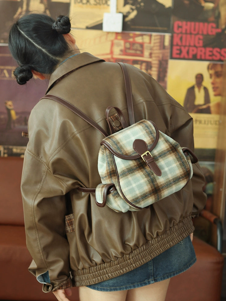 Girl Cute Woolen Plaid Mini Backpack