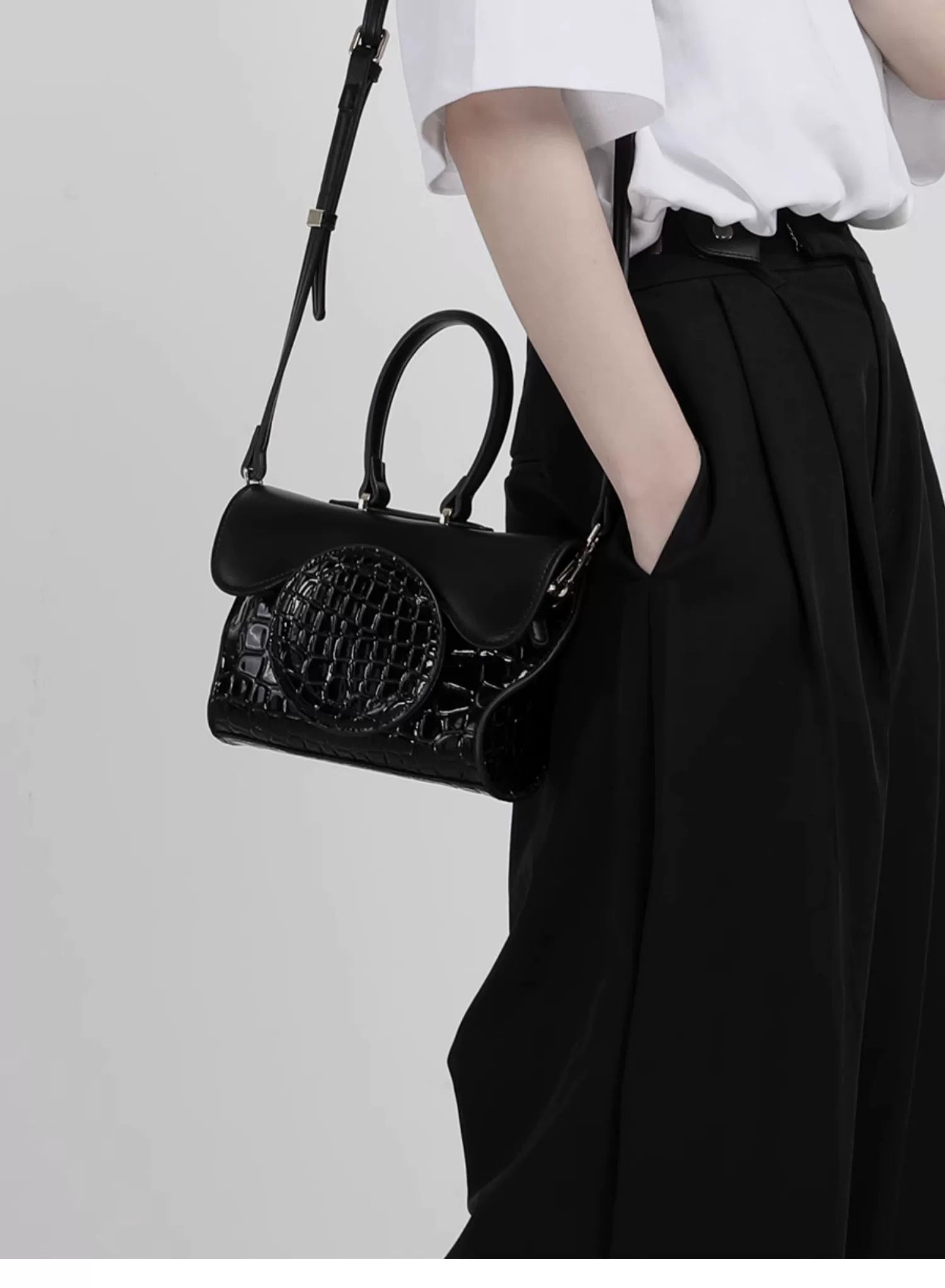 Black Geometric Square Croc Pattern Mini Leather Bag