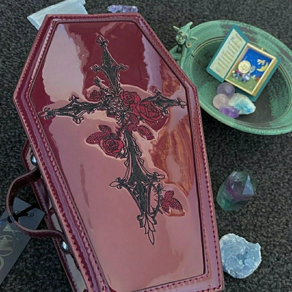Vampire Coffin Rock Punk Patent Goth Bag Red Print