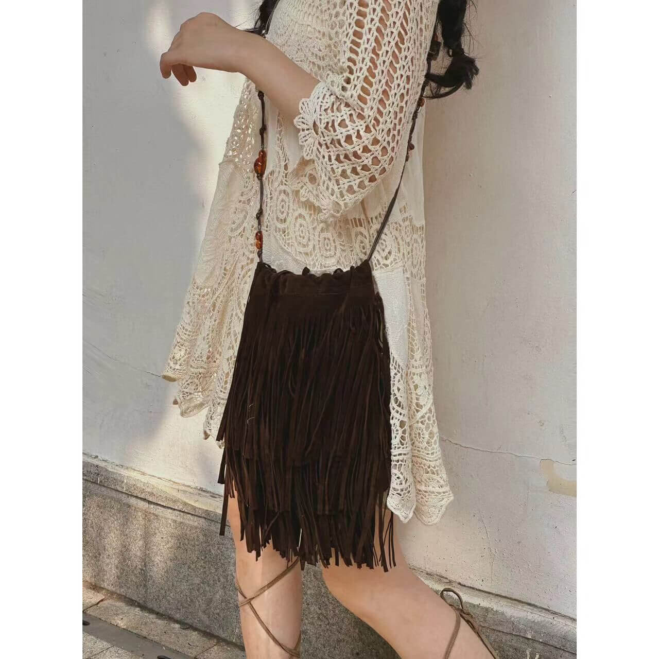 Boho Frosted Beaded Accessories Crossbody Fringe Purse