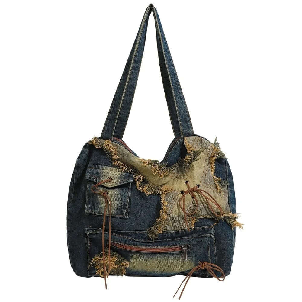 Vintage Washed Denim Large Designer Handbag Totes
