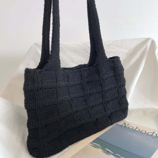 Black Winter Knit Armpit Crochet Checked Shoulder Bag