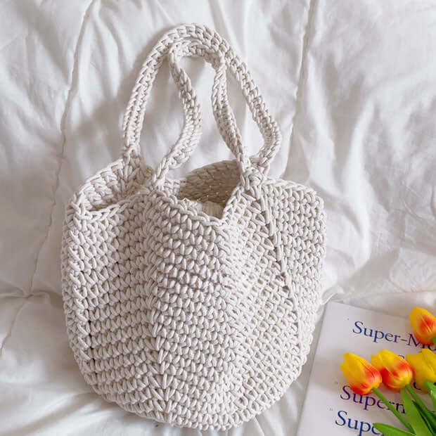 Handmade Thick Lines Bucket Crochet Bag in White