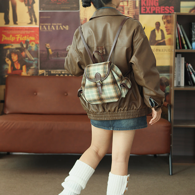 Girl Cute Woolen Plaid Mini Backpack